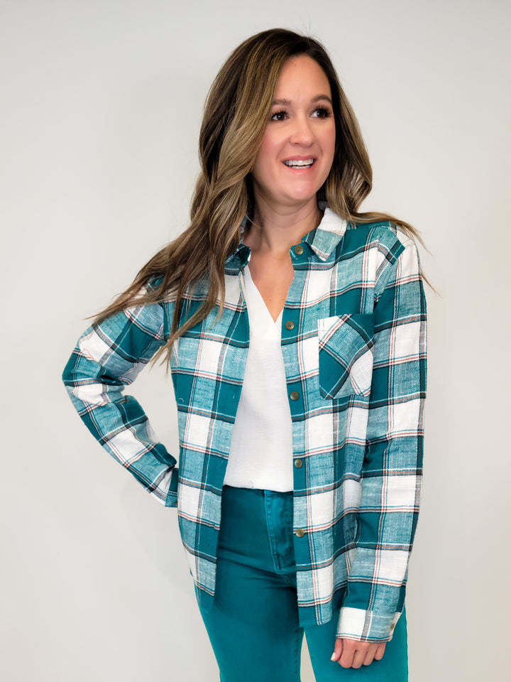 PLAID BUTTON UP TOP - TEAL