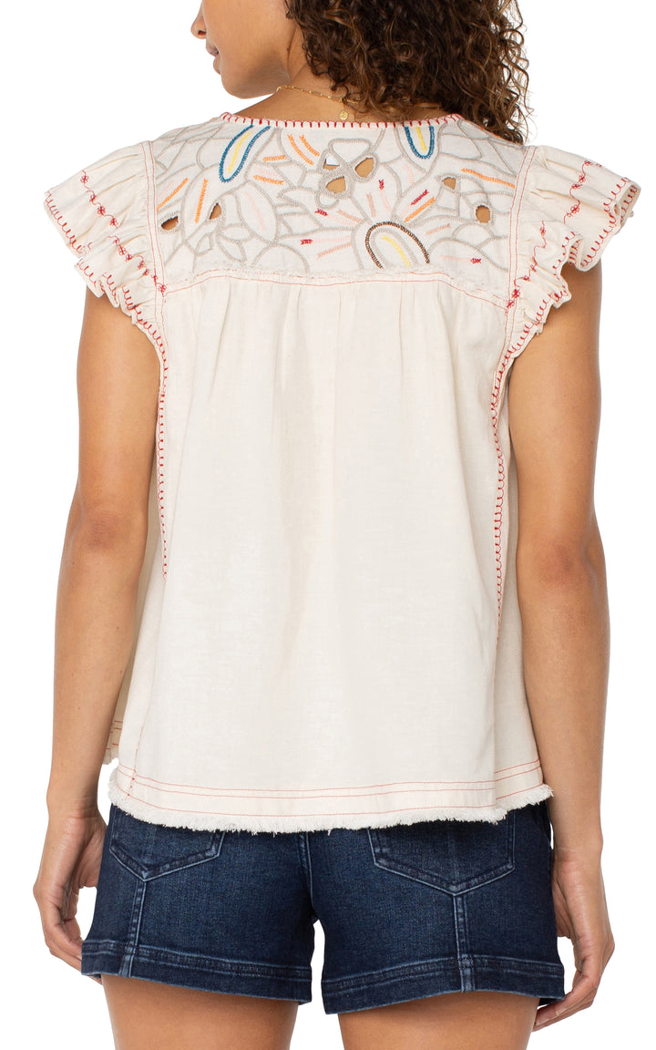 FLUTTER SLEEVE V-NECK WOVEN BLOUSE W/EMBROIDERERY - BONE