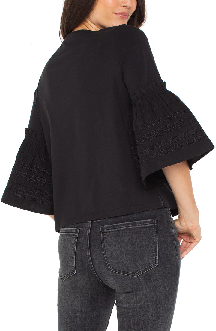 3/4 SLEEVE EMBROIDERED KNIT WOVEN TOP - BLACK