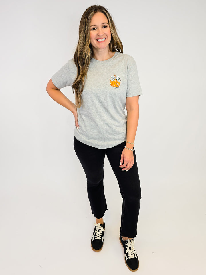 SIMPLY SOUTHERN SS BOW PUMPKIN TEE - HEATHER GREY