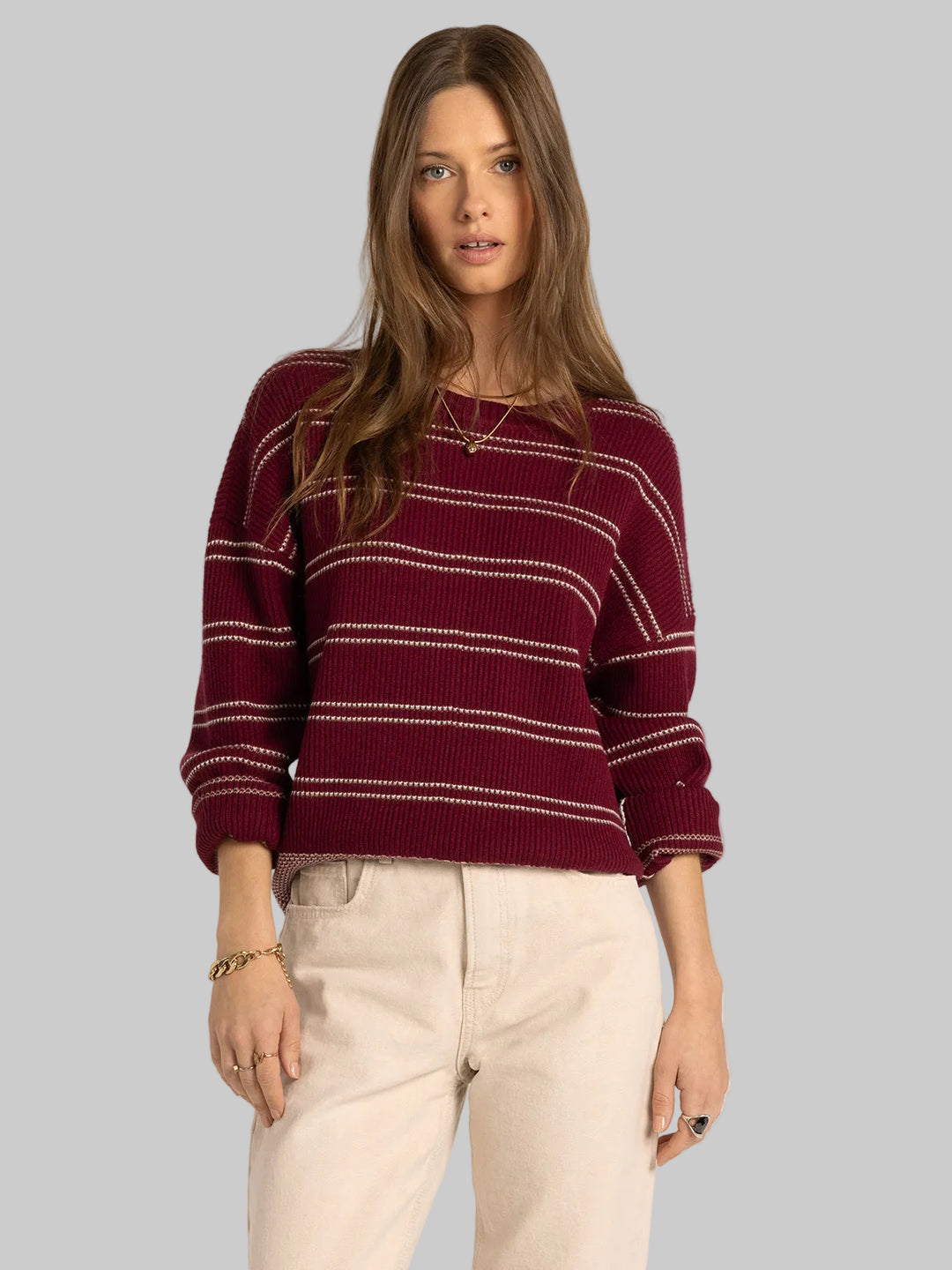 LONG SLEEVE ELY SWEATER - WINE IVORY STRIPE