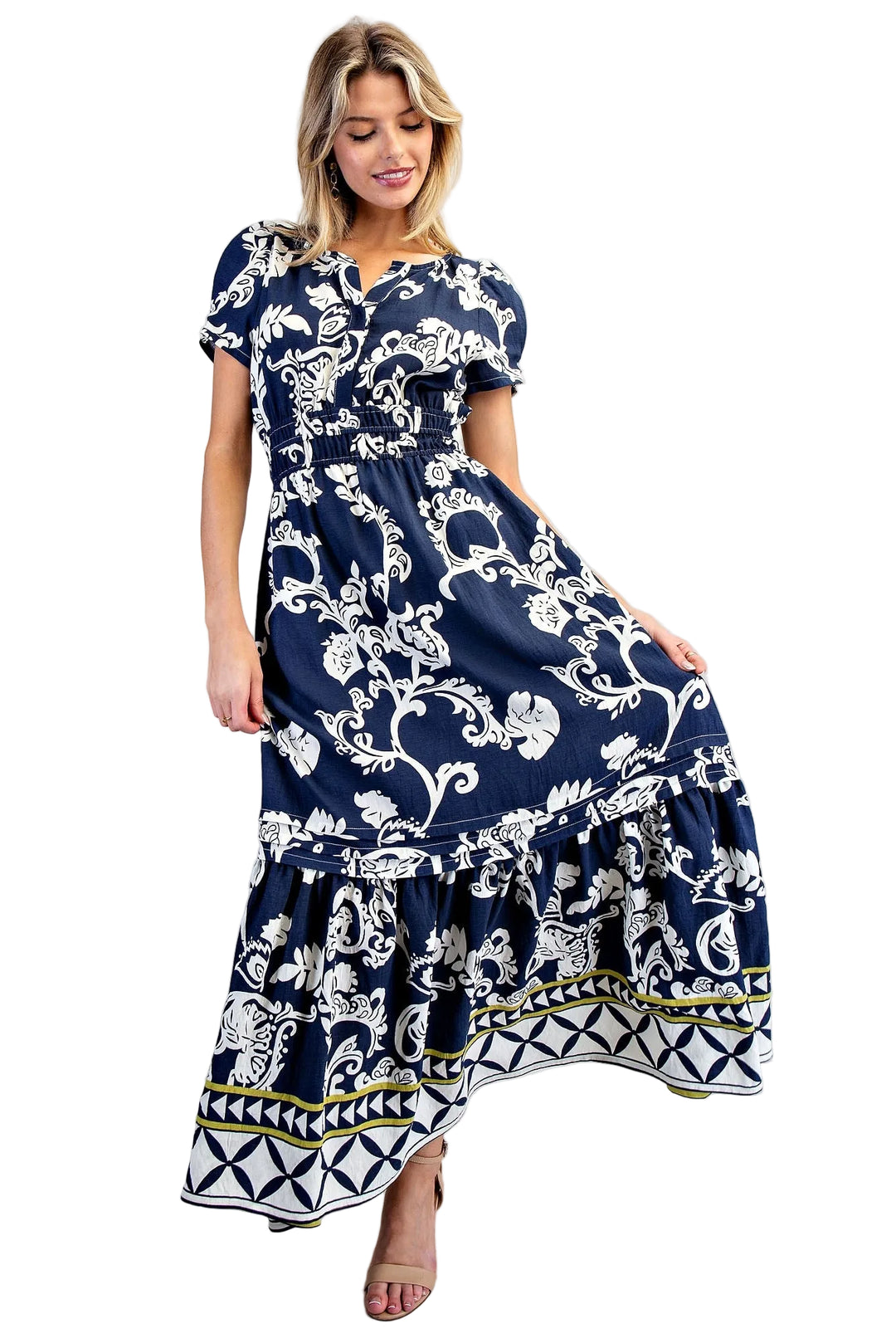 PRINTED ELASTIC WAIST MAXI DRESS - SAPPHIRE VEIL