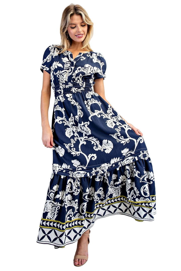 PRINTED ELASTIC WAIST MAXI DRESS - SAPPHIRE VEIL