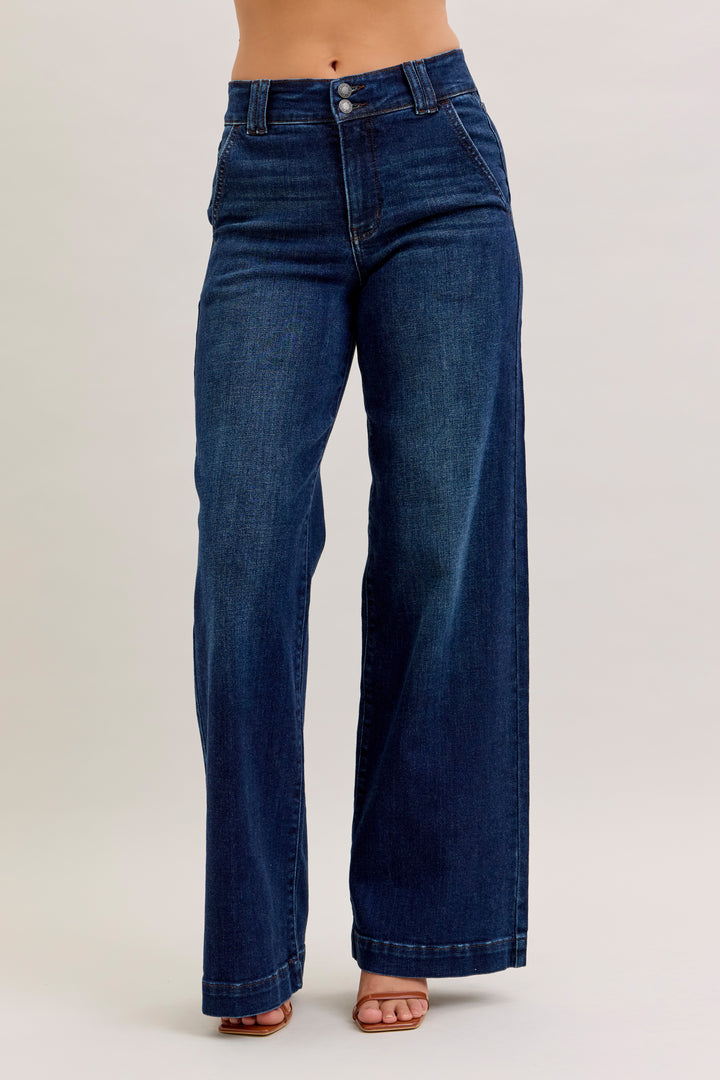 JUDY BLUE HIGH WAIST TROUSER WIDE LEG JEANS - 33" INSEAM - DARK