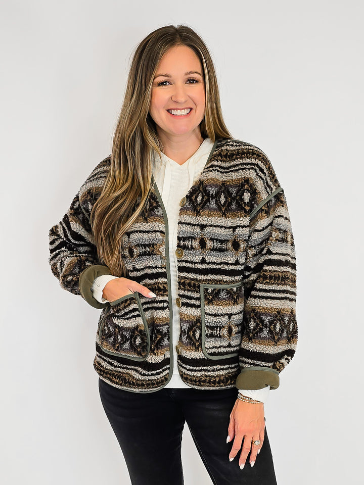 AZTEC PATCH POCKET NORDIC BUTTON DOWN JACKET - ASH BROWN