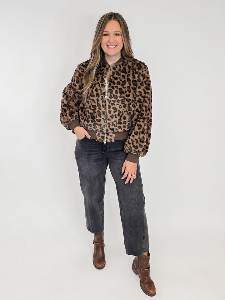 LEOPARD PRINT FUR BOMBER JACKET - BROWN