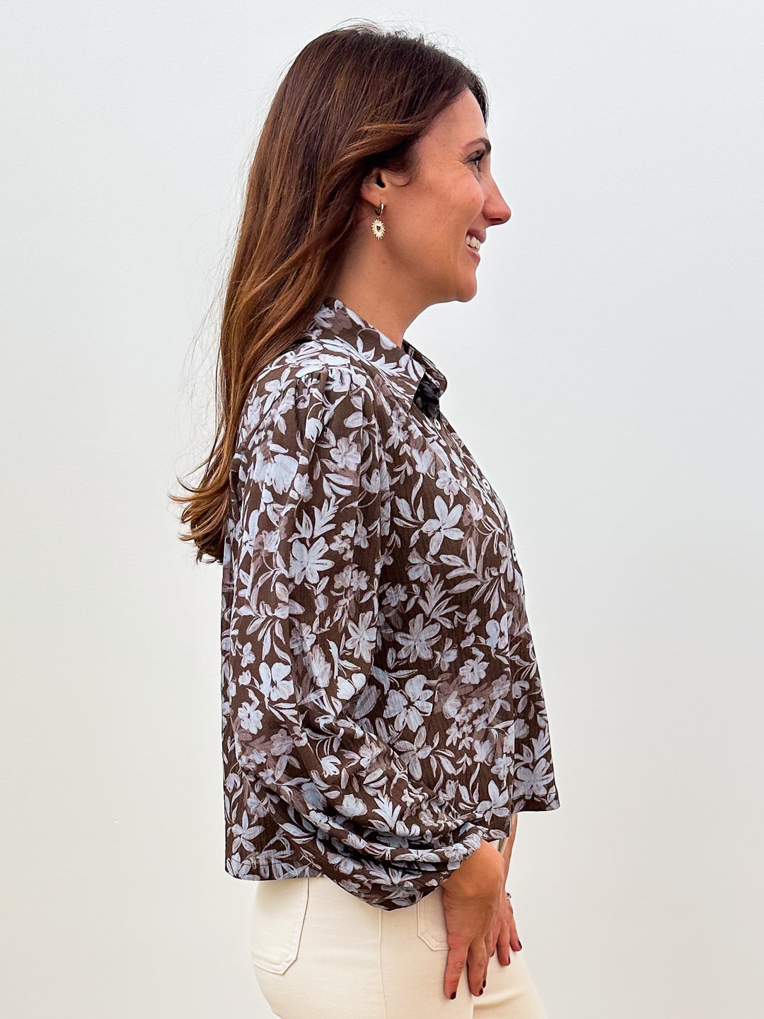 BALLOON SLEEVE COLLARED TOP - OLIVE