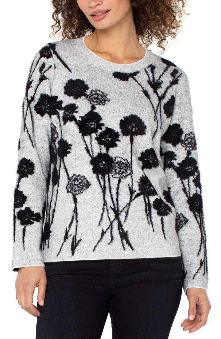 LONG SLEEVE CREW NECK SWEATER - LIGHT GREY BLACK FLORAL