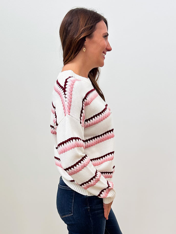 LONG SLEEVE TEXTURED CREW NECK PULLOVER - BURGUNDY/PINK