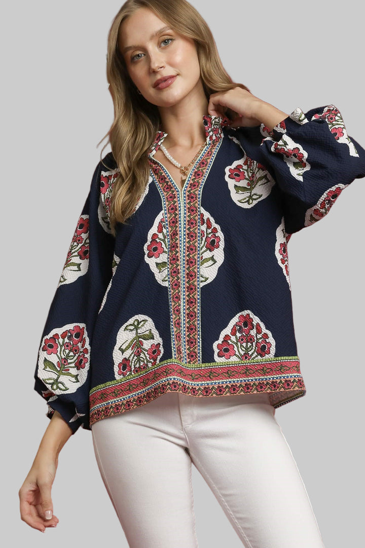 BOHO FLORAL PRINT TUNIC TOP W/BORDER PRINT - NAVY