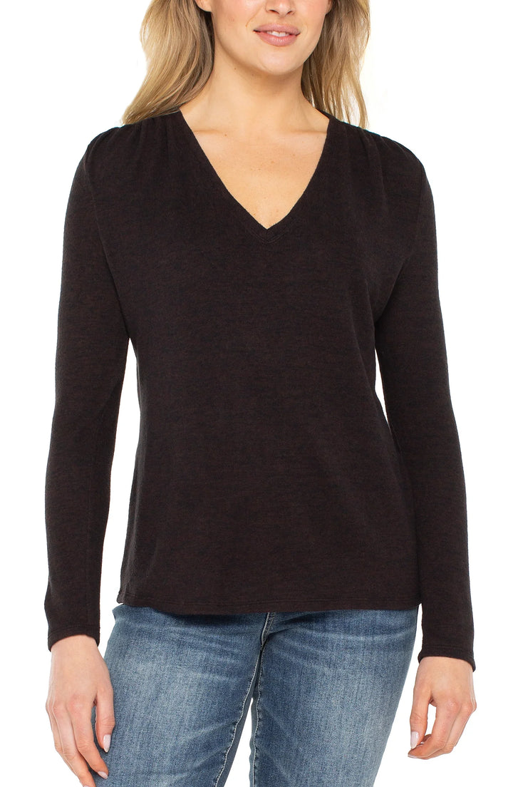 LONG SLEEVE VNECK KNIT TOP W/SHIRRING - JAVA MELANGE