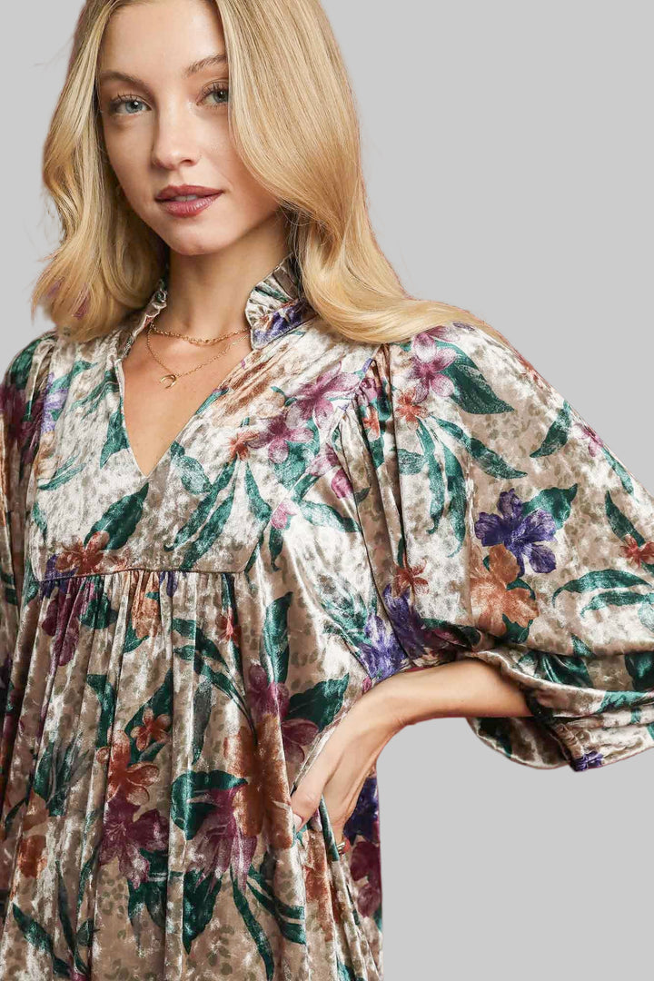 VELVET FLORAL PRINT BALLOON SLEEVE SHORT DRESS - TAN/DARK GREEN MIX