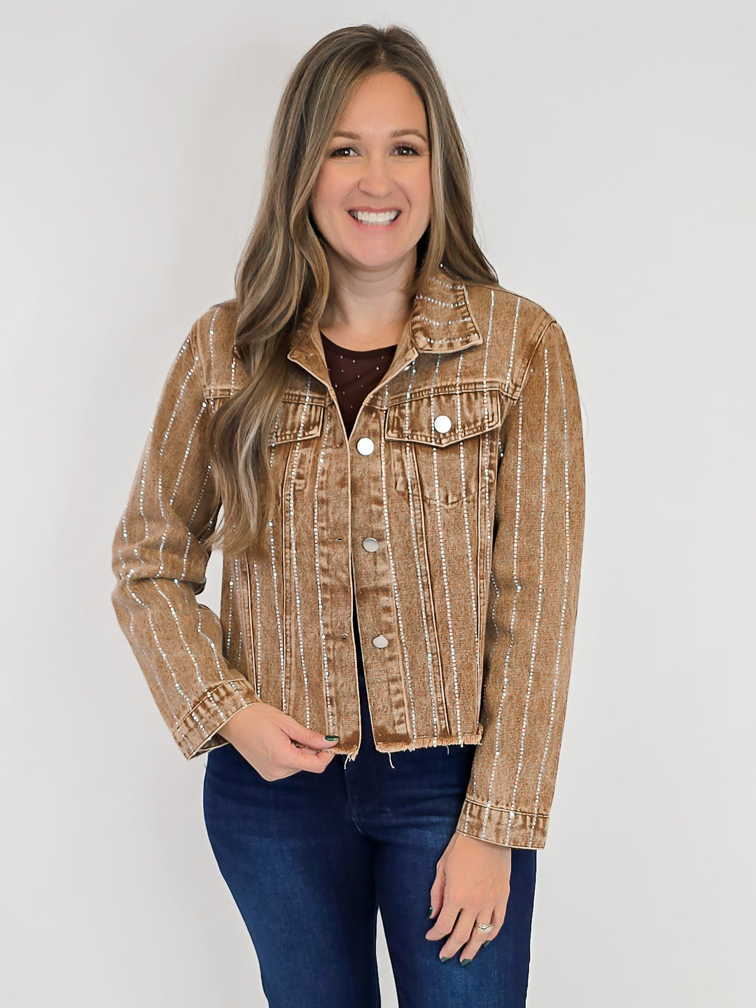 DENIM JACKET W/RHINESTONE DETAIL - BROWN