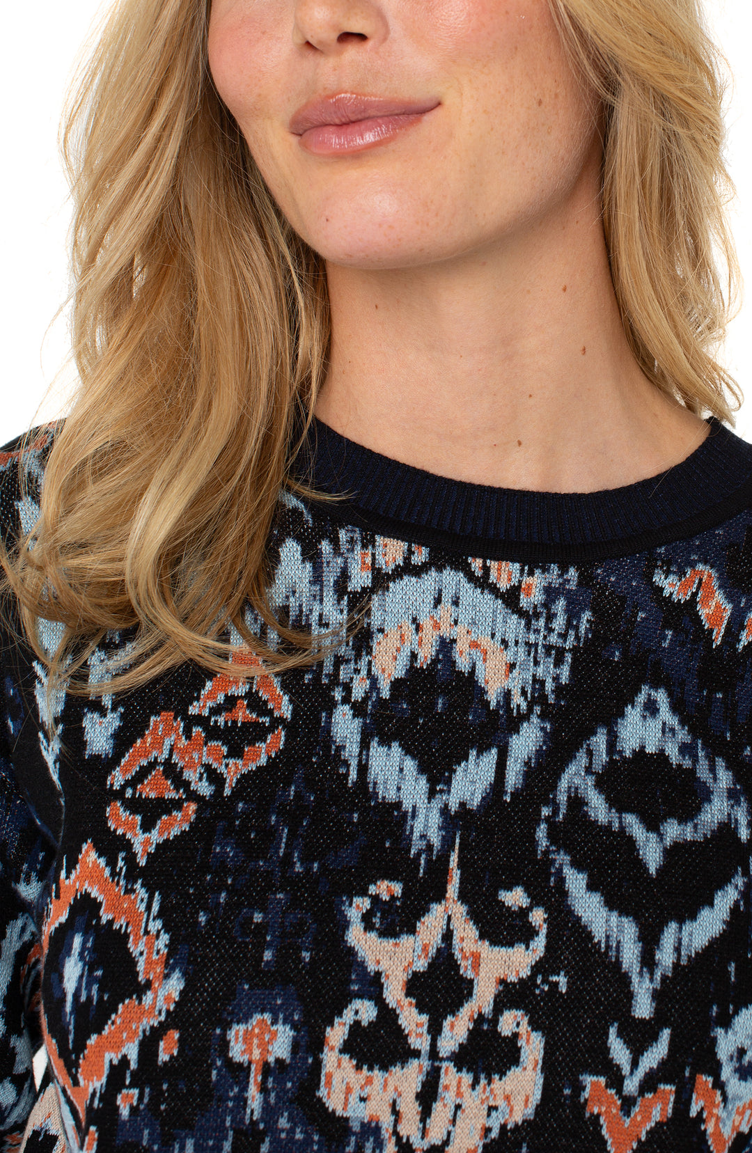 LONG SLEEVE DROPPED SHOULDER JACQUARD SWEATER - BLUE MULTI IKAT