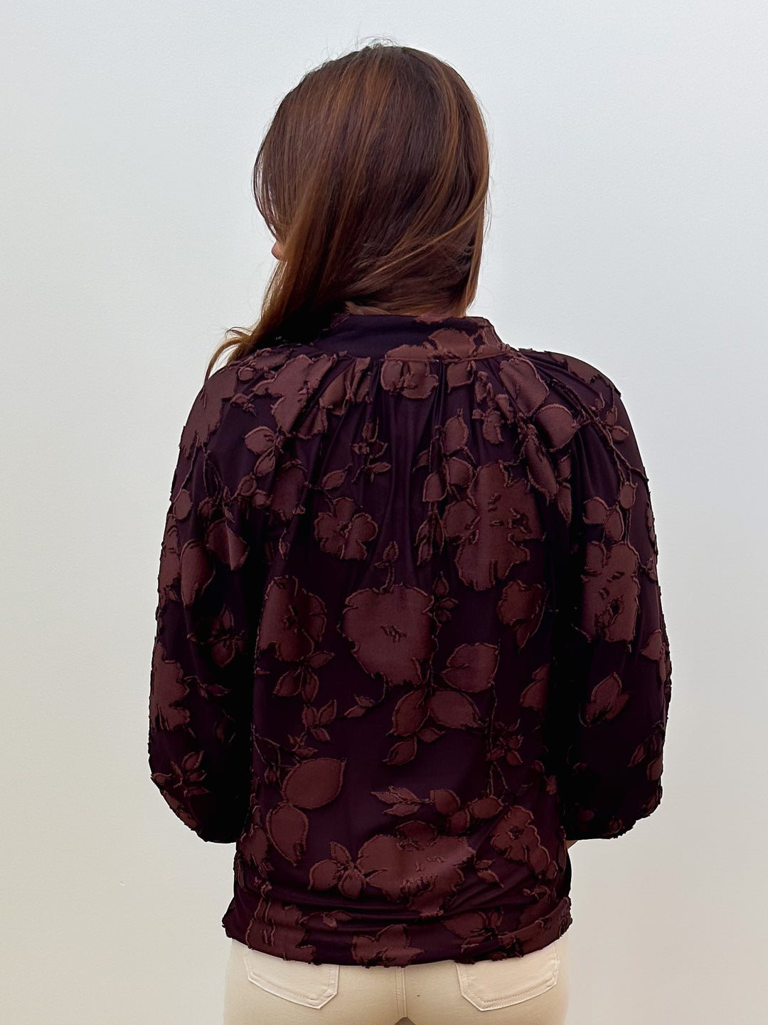3/4 SLEEVE COLLARED VELVET BLOUSE - BROWN