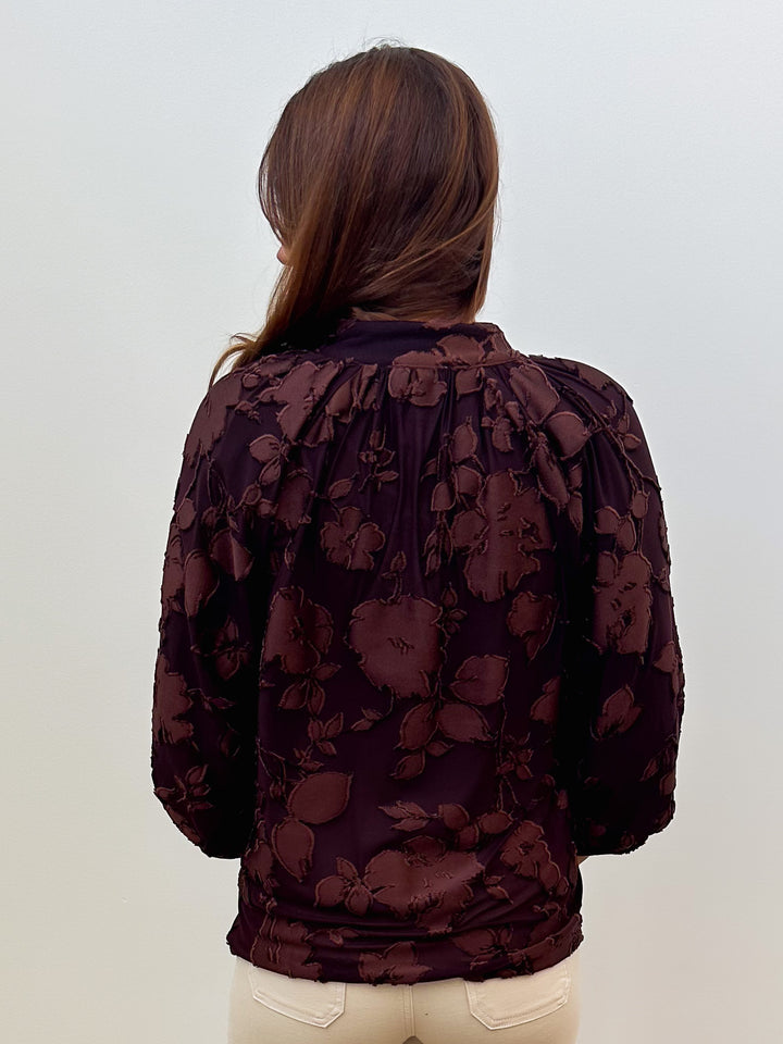 3/4 SLEEVE COLLARED VELVET BLOUSE - BROWN