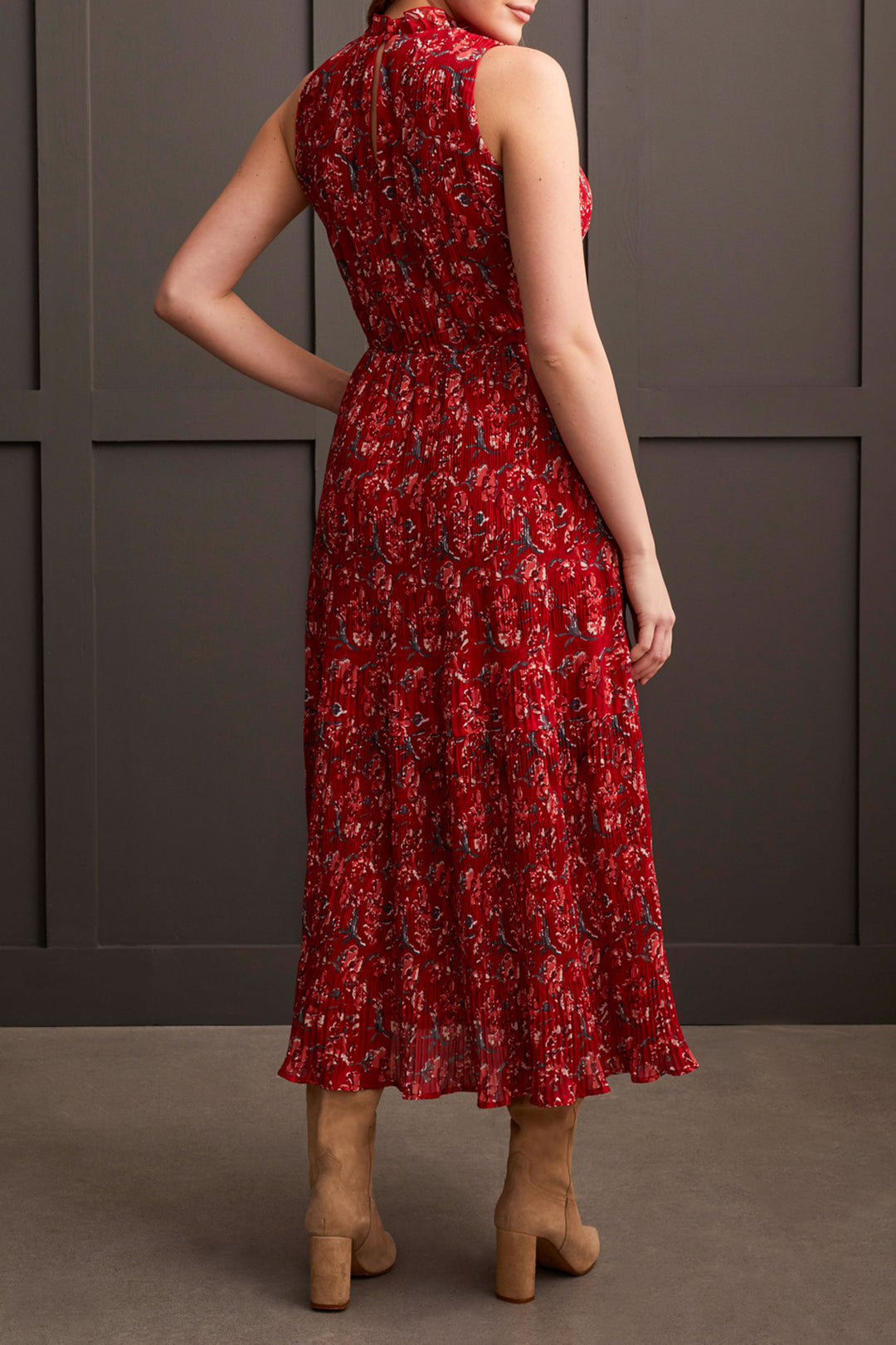 PRINTED PLISSE HALTER MAXI DRESS - SCARLET