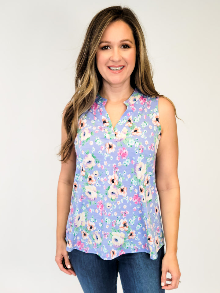 DEAR SCARLETT STRETCHY SLEEVELESS LIZ TOP - LAVENDER YELLOW FLOWER