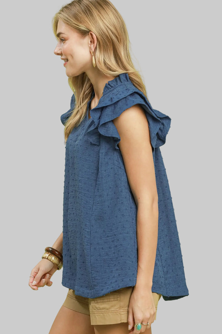 DOUBLE RUFFLE SLEEVE TEXTURED TOP - DENIM