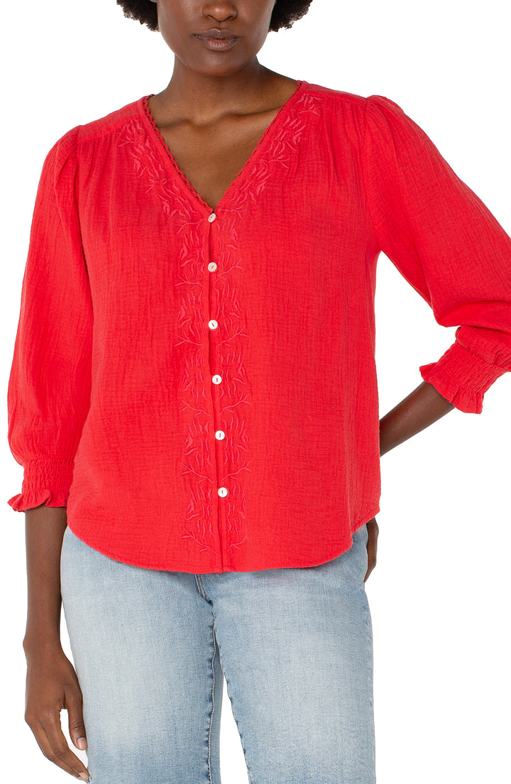 3/4 SLEEVE EMBROIDERED WOVEN BLOUSE - GERANIUM