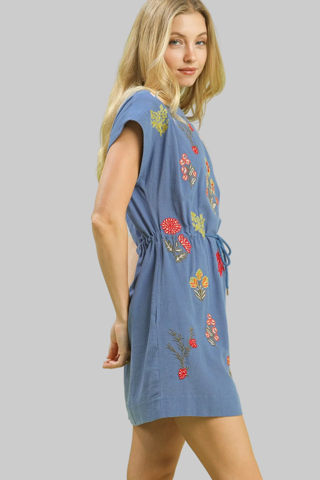 FLORAL EMBROIDERED DRAWSTRING WAIST SHORT DRESS - DENIM
