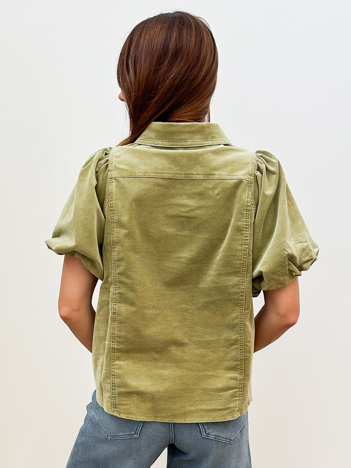 BUBBLE SLEEVE STRIPED MINERAL WASHED DENIM SHIRT - GREEN TEA