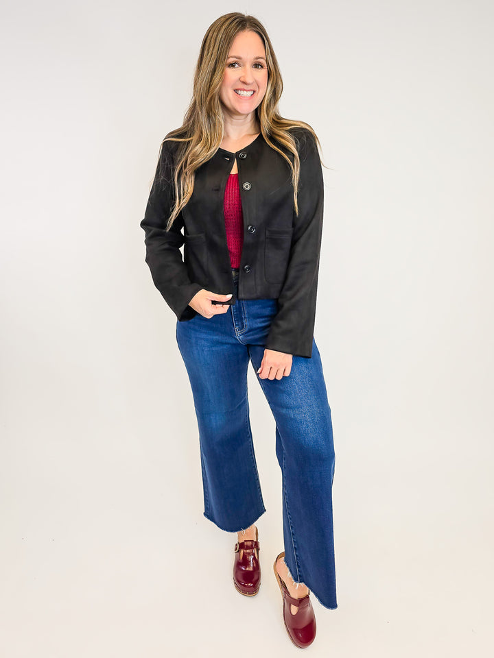 SUEDE BUTTON DOWN JACKET - BLACK