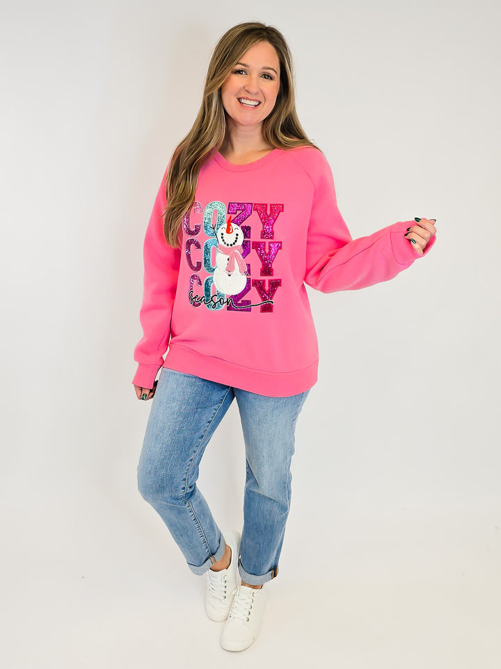 COZY SEASON SNOWMAN SWEATSHIRT - PINK