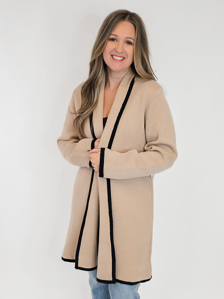HEAVY KNIT CARDIGAN W/BLACK HEM STRIPE - TAUPE