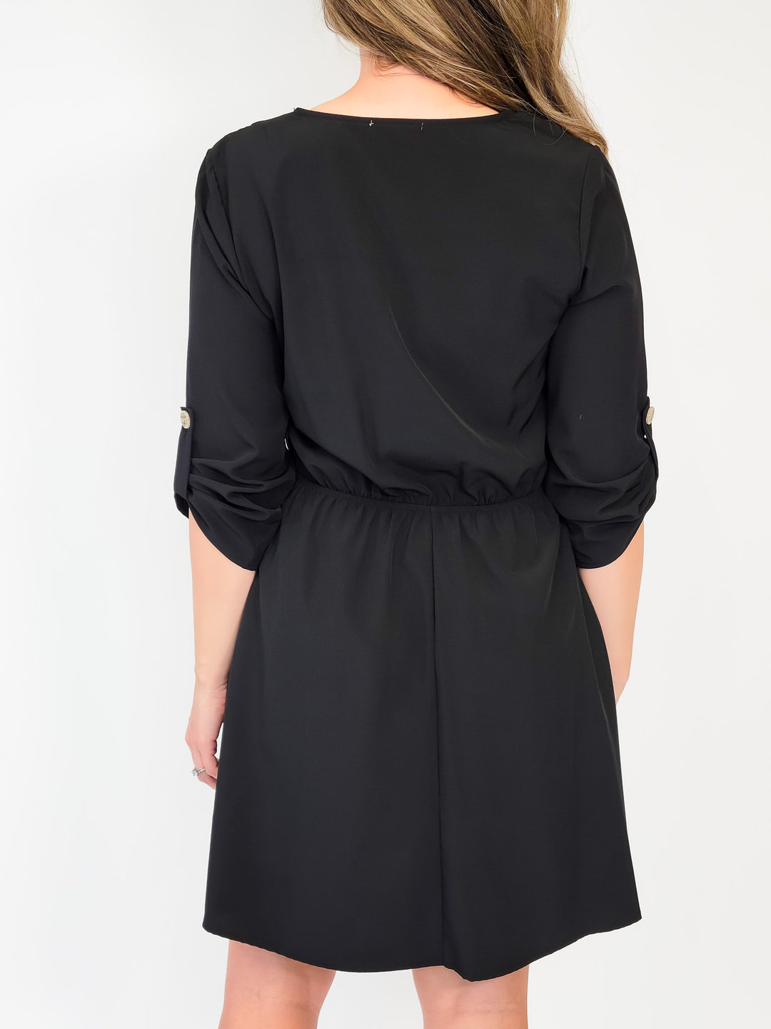 SOLID WOVEN BUTTON DRESS - BLACK