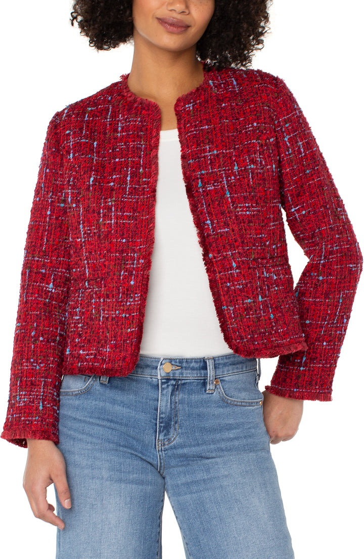 COLLARLESS JACKET W/FRAYED EDGES - RED MULTI BOUCLE