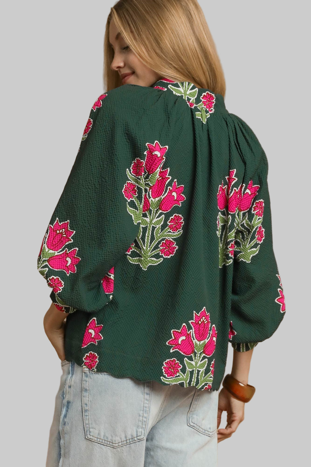 BUBBLE SLEEVE TULIP PRINT TOP - FOREST GREEN