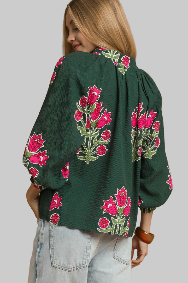 BUBBLE SLEEVE TULIP PRINT TOP - FOREST GREEN