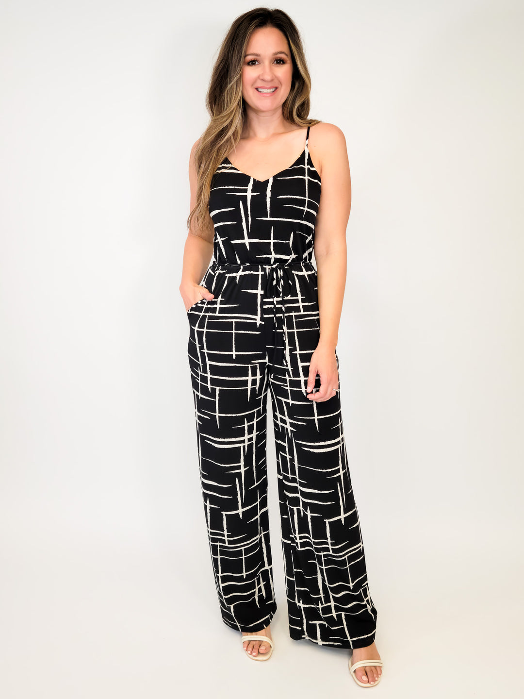 THIN STRAP ABSTRACT PRINT JUMPSUIT - BLACK/TAUPE