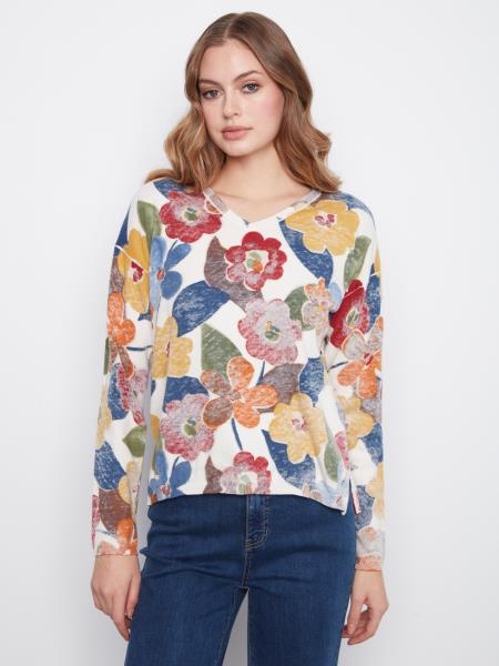 LONG SLEEVE DROP SHOULDER V-NECK REVERSIBLE PRINTED SWEATER - JAZZY