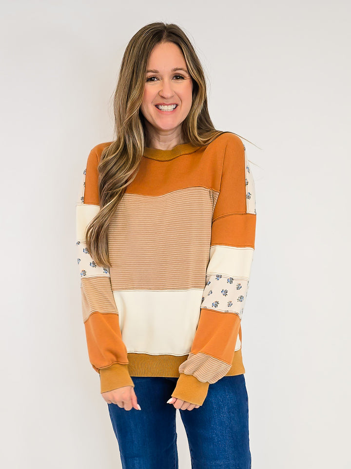 PRINT AND COLOR MIX WASHED TERRY PULLOVER - CAFE MOCHA