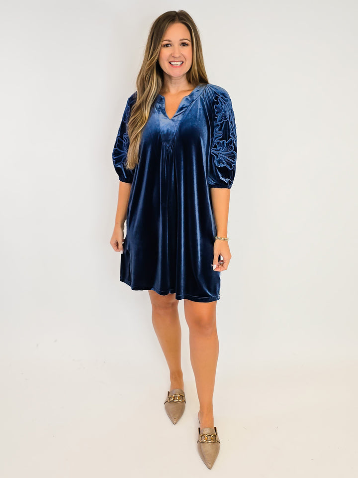 VELVET PUFF SLEEVE EMBROIDERY DRESS - SLATE BLUE