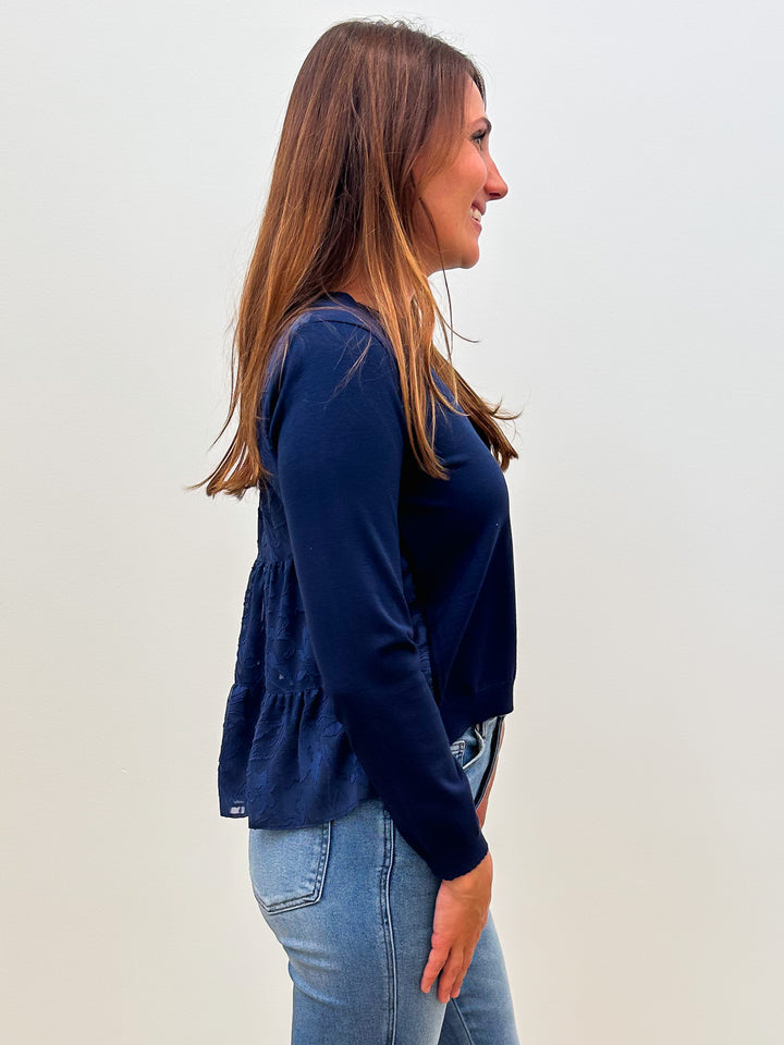 MIXED MEDIA FLORAL BACK SWEATER - NAVY