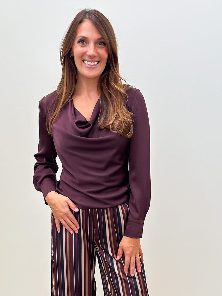 L/S DRAPED COLLAR BLOUSE - CHERRY LACQUER