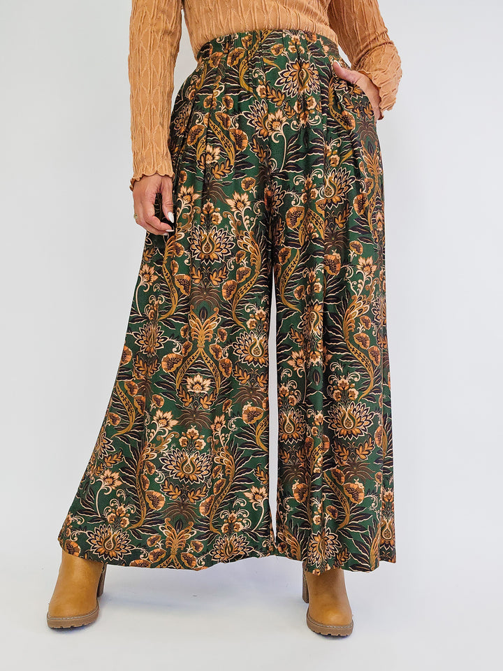 FLORAL PRINT WIDE LEG PALAZZO PANTS - OLIVE MIX