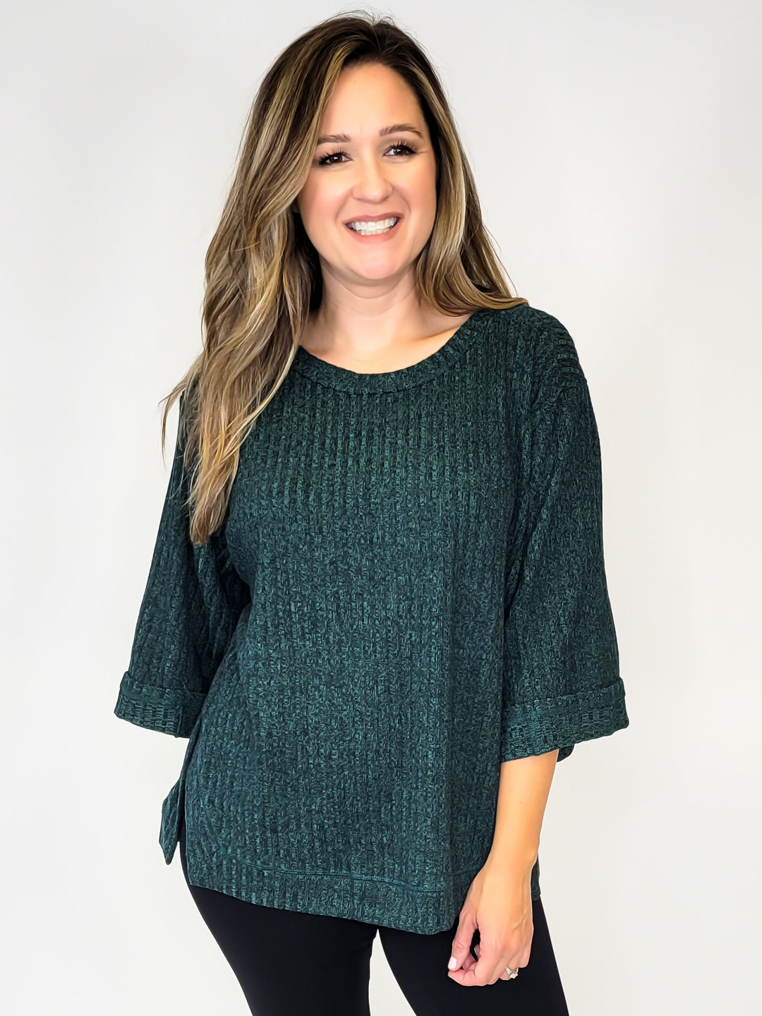 Ribbed Knit Wide Sleeve Top - Forest Green