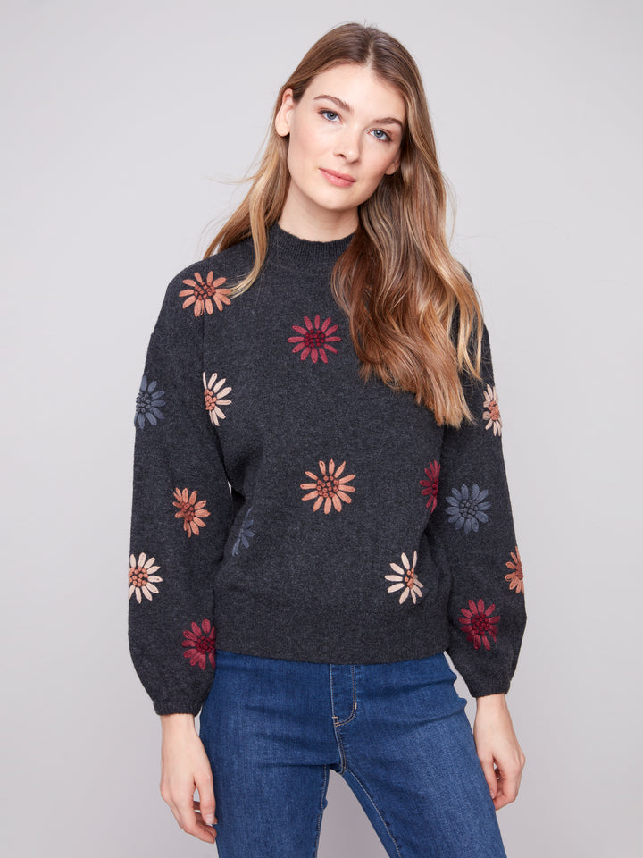EMBROIDERED MOCK NECK SWEATER - CHARCOAL