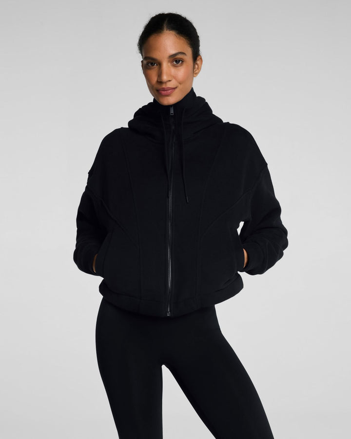 SPANX BOOSTUP COTTON FLEECE FULL ZIP HOODIE - VERY BLACK
