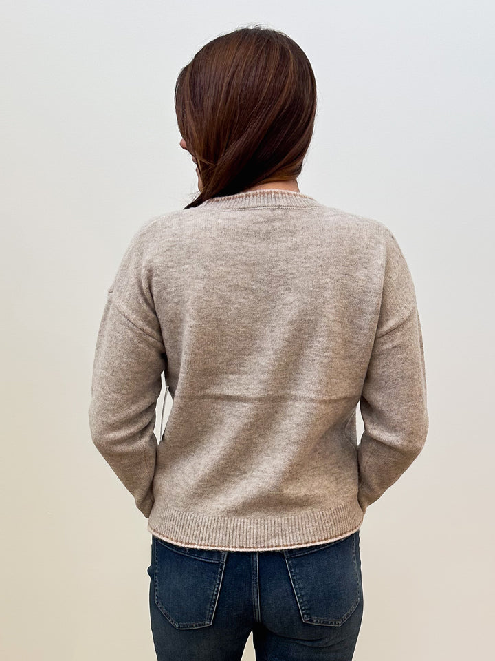 STITCH TRIM HORSE JACQUARDED PULLOVER - TAUPE