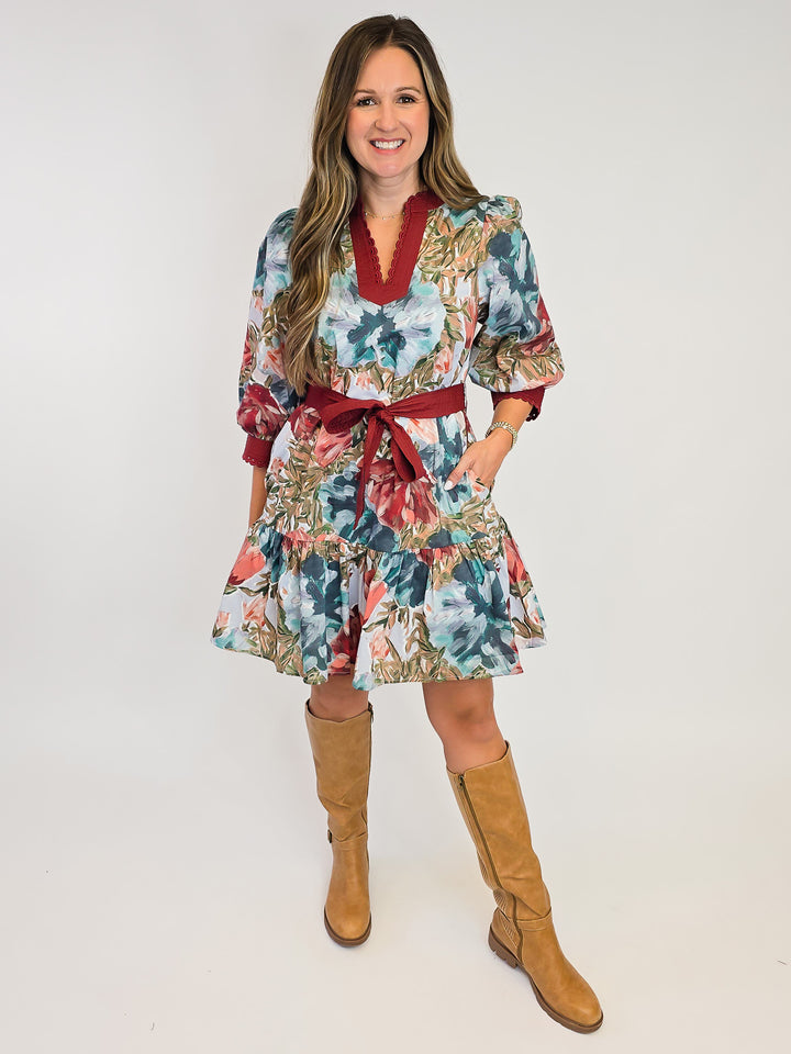 3/4 SLEEVE FLORAL PRINT SHORT DRESS W/TIE - CHESTNUT