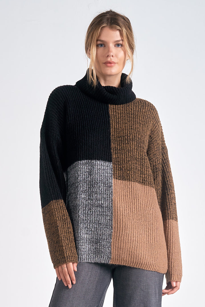 COLOR BLOCK TURTLE NECK SWEATER - BLACK/BROWN