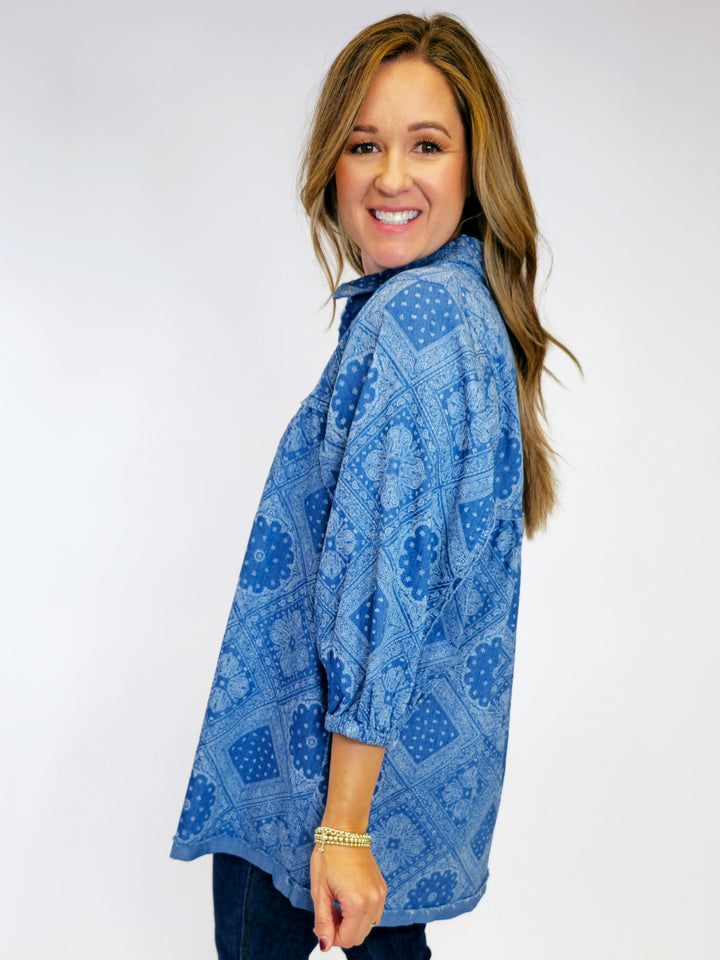 PAISLEY PRINT TUNIC BLOUSE - LT DENIM