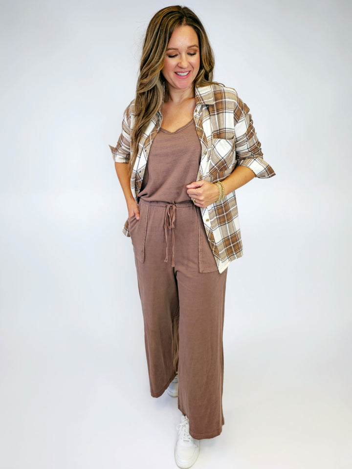 COTTON TANK JUMPSUIT W/WIDE LEGS - MOCHA