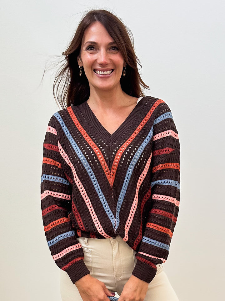 V-NECK STRIPED OPEN KNIT SWEATER - BROWN MULTI