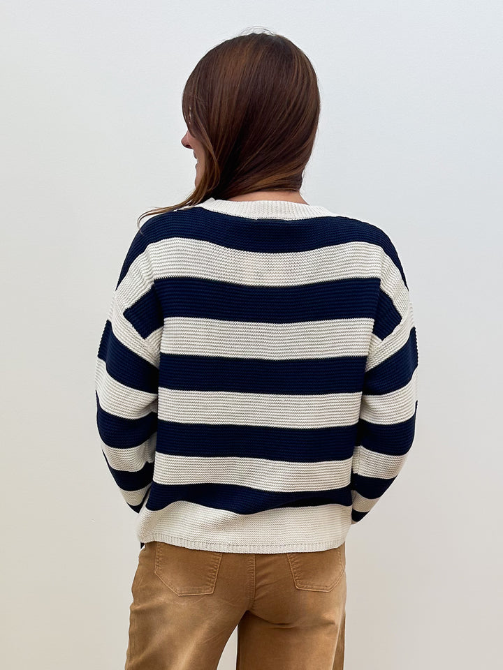 L/S DROPPED SHOULDER STRIPED LIGHT KNIT SWEATER - NAVY